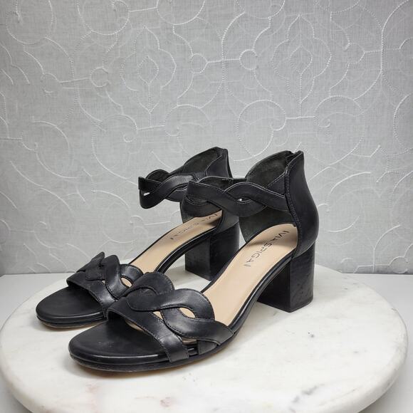 VTG Via Spiga Janel Heels Womens 7 Black Leather Chunky Twisted Strap Block Heel - Picture 4 of 16